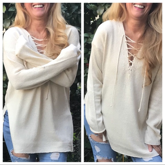 LAST ๐ Legacy of Love! Ivory Lace up Sweater - Picture 5 of 8